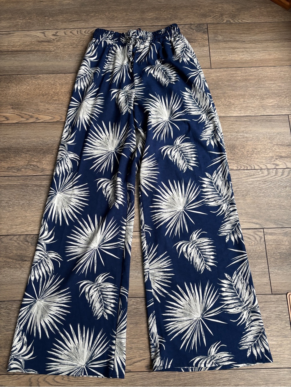 Dina Be Drawstring Flowy Wide Leg Palm Pants Blue Beach Vacation sz medium